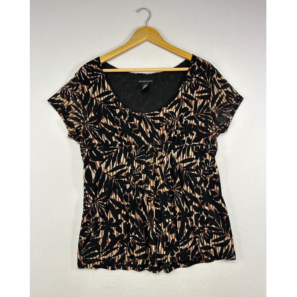 Tropical Boho New York & Company Womens XL Black Brown Mesh Palm Empire Blouse